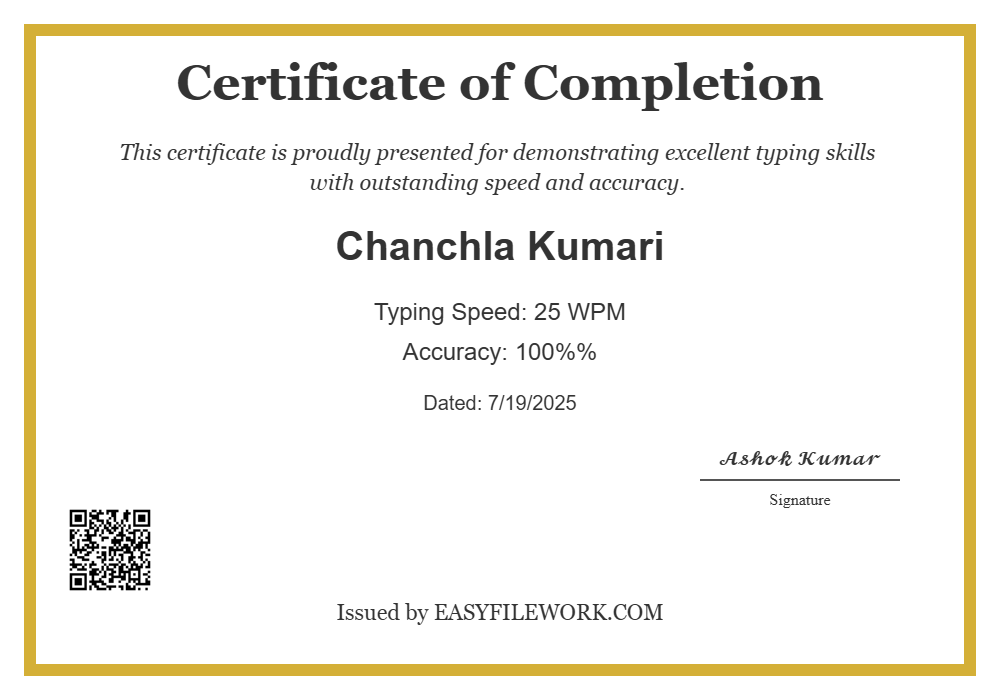 Typing Certificate of Completion - Chanchla Kumari